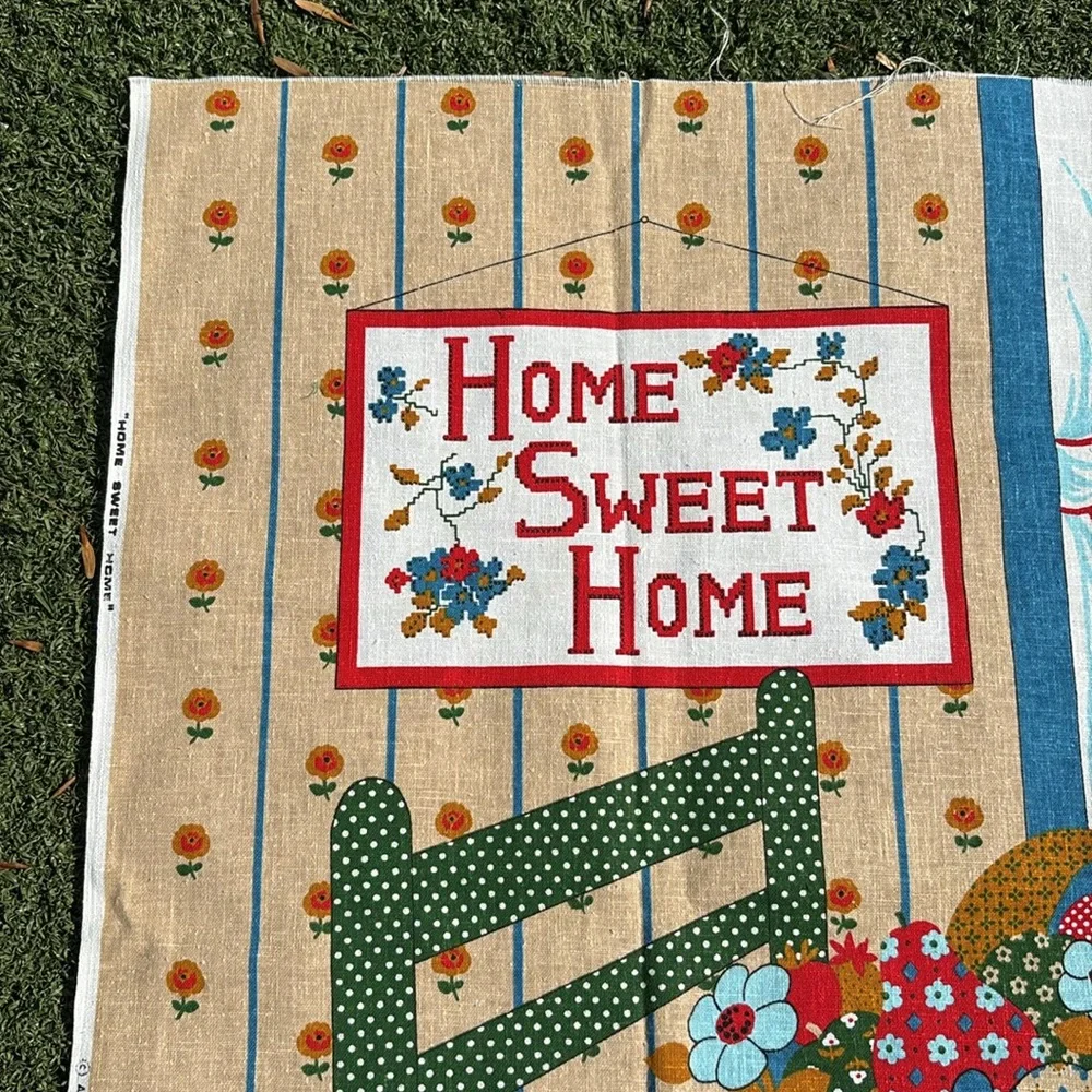 Vintage 70s Home Sweet Home Cat Screen Print Wall Hanging Textile by VIP Fabrics